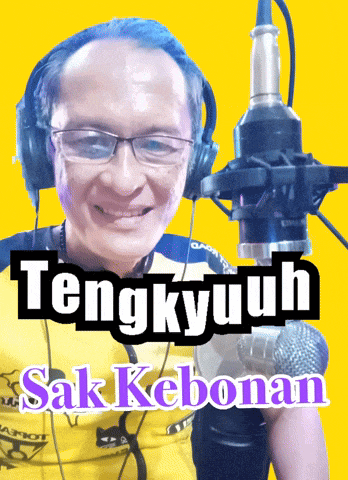 a man wearing headphones stands in front of a microphone with the words tengkyuh sak kebonan written on the bottom