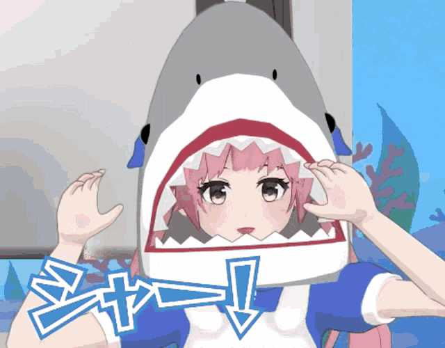 a girl with pink hair is wearing a shark headband