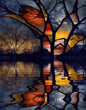 a stained glass painting of a sunset over a lake