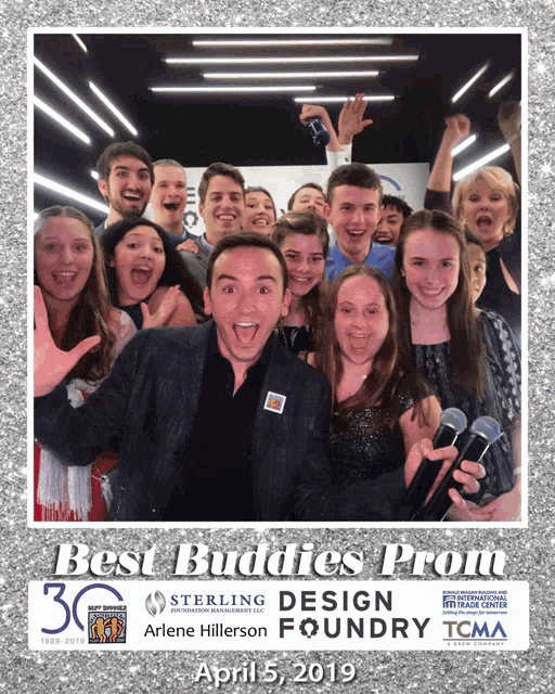 a group of people posing for a photo with the caption best buddies prom april 5 2019