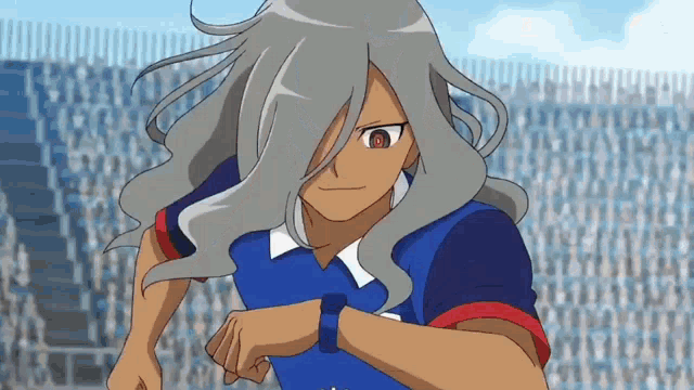 a cartoon character with long gray hair and a watch on his wrist