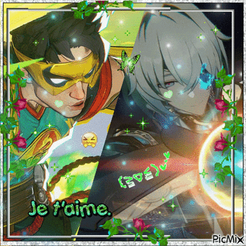 a picture of robin and eve with the words je t'aime on it