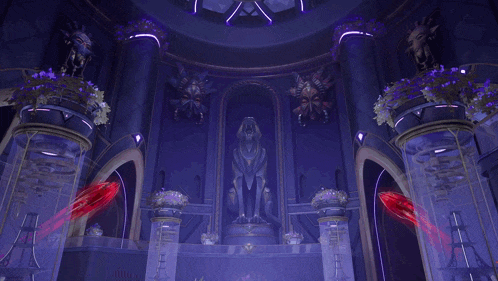 a room with a statue of a lion and a purple light