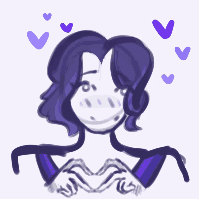 a drawing of a person with purple hair and purple hearts around them