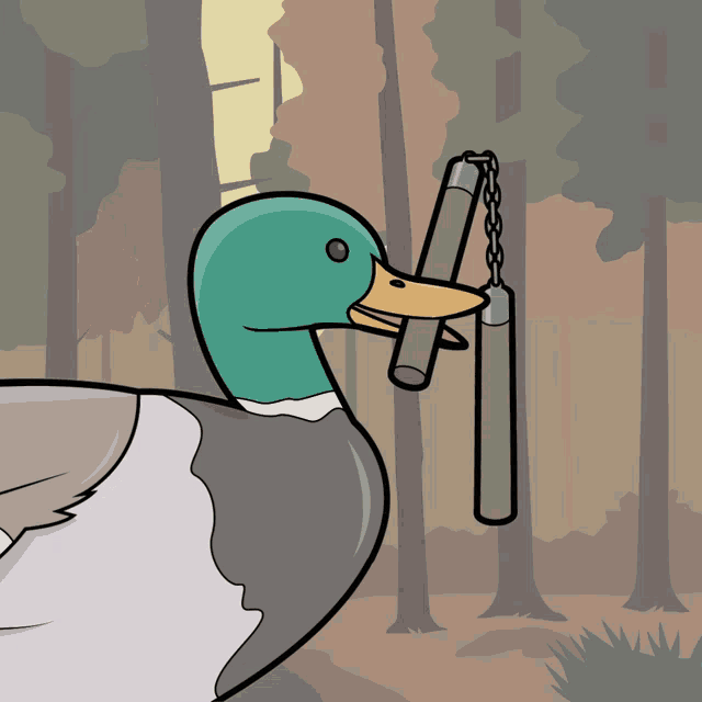 a cartoon duck with a nunchaku in its beak