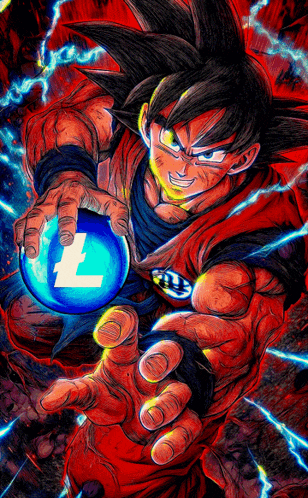 a drawing of goku holding a blue ball with a l on it