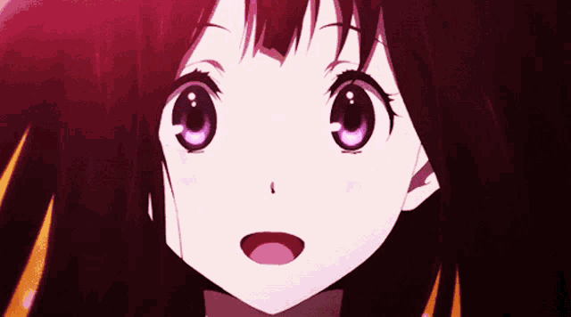 a close up of an anime girl with purple eyes