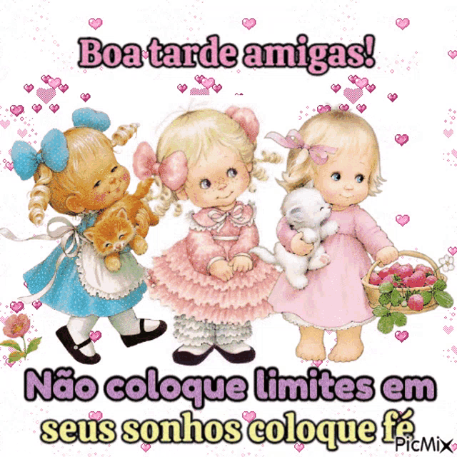 a picture of three little girls with the words boa tarde amigas written above them