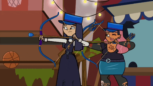 a cartoon drawing of two women aiming bows and arrows