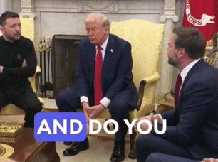 a man in a suit sits in a chair with a sign that says " and do you "