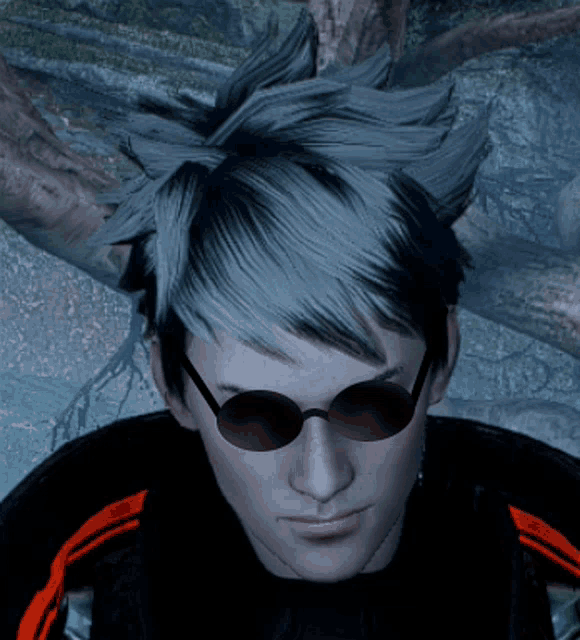 a man wearing sunglasses and a black jacket with red stripes