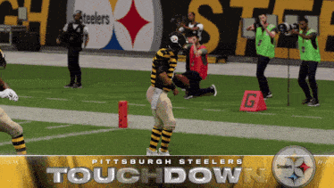 a pittsburgh steelers touchdown poster with a football player