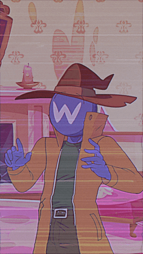 a cartoon character wearing a witch hat with the letter w on it