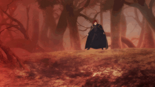 a person in a red coat is standing in front of a large ball of fire