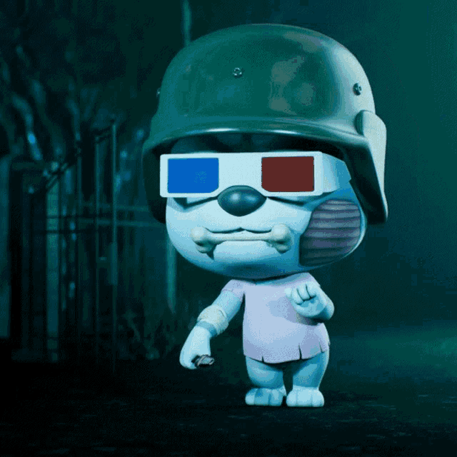 a cartoon character wearing 3d glasses and a military helmet