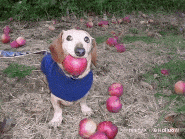 a dog in a blue shirt is eating an apple