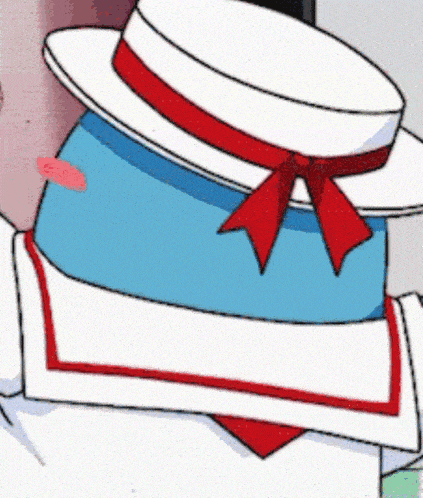 a cartoon character wearing a hat with a red bow