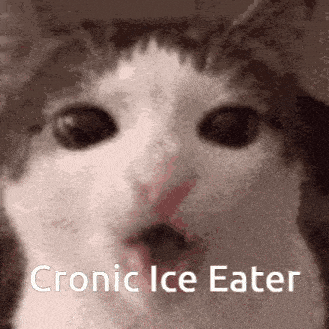 a close up of a cat 's face with the words cronic ice eater written below it