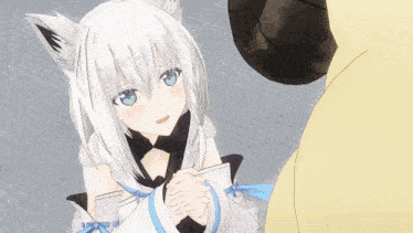 a white anime girl with blue eyes is holding hands with another character