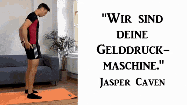 a man standing on an orange mat next to a couch