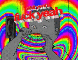 a cartoon of a man eating a rainbow colored hamburger with the words " fuck yeah " above him