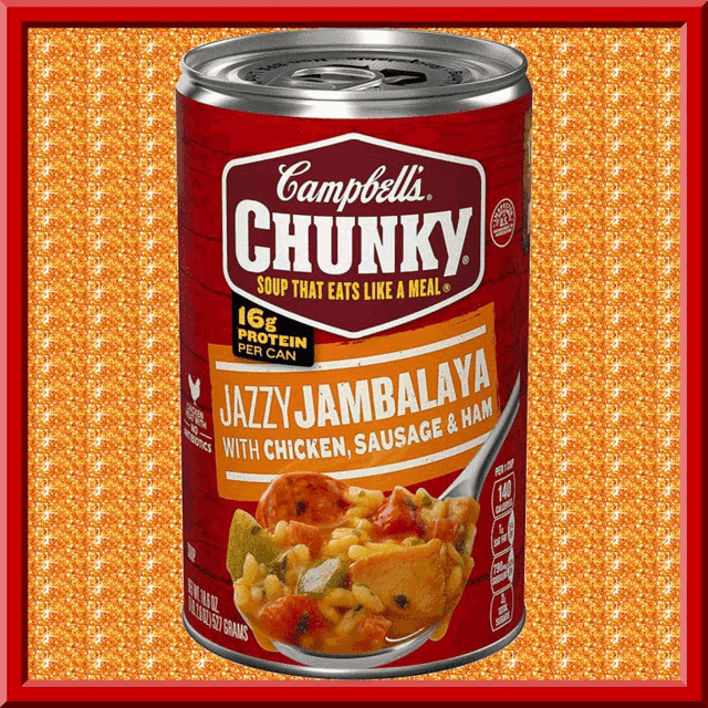 a can of campbell 's chunky soup that says jazzy jambalaya with chicken sausage and ham