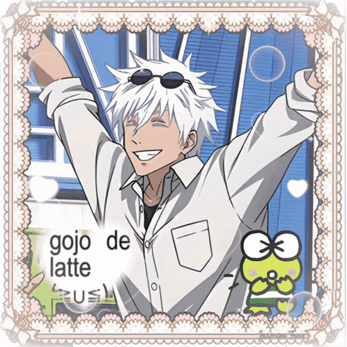 a picture of a man with the words gojo de latte on the bottom