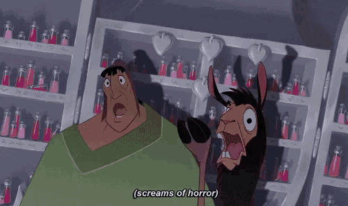 a cartoon character screams of horror while standing next to a llama