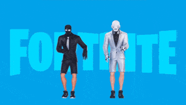 two men in suits are standing in front of a blue background that says fortnite