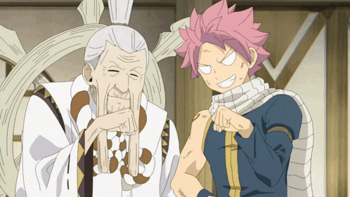 a cartoon character with pink hair is standing next to an older man