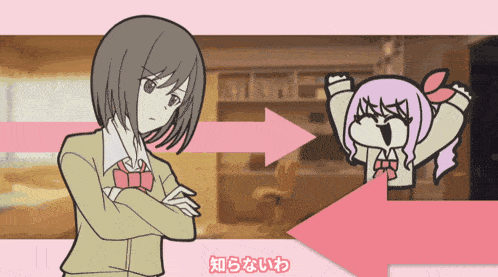 a cartoon drawing of a girl with a pink arrow pointing to another girl