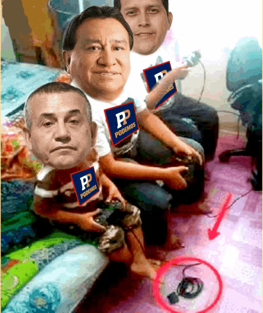 a group of men are playing a video game and one of them is wearing a shirt that says " podemos "