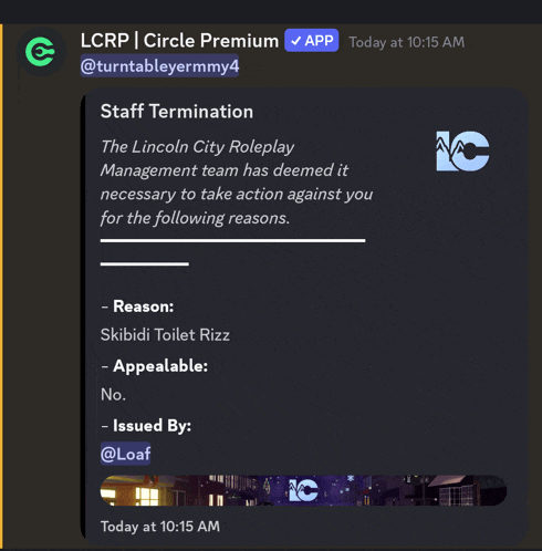 a message from lcrp circle premium shows the staff termination of the lincoln city roleplay management team