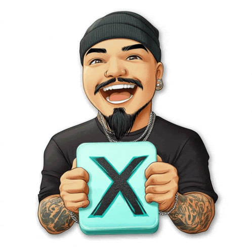 a cartoon of a man with a beard holding a square with the letter x on it