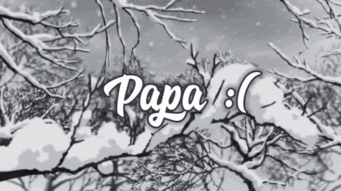 a black and white photo of a snowy forest with the word papa written in white