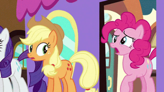 applejack and pinkie pie are standing next to each other in a room