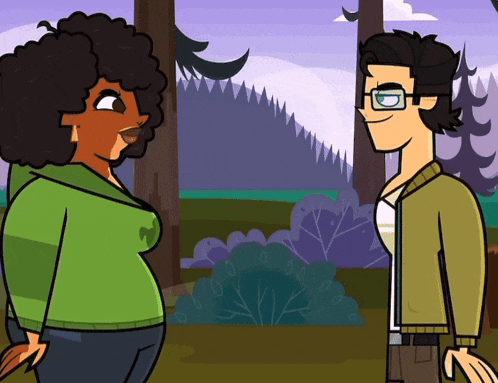 two cartoon characters are standing next to each other