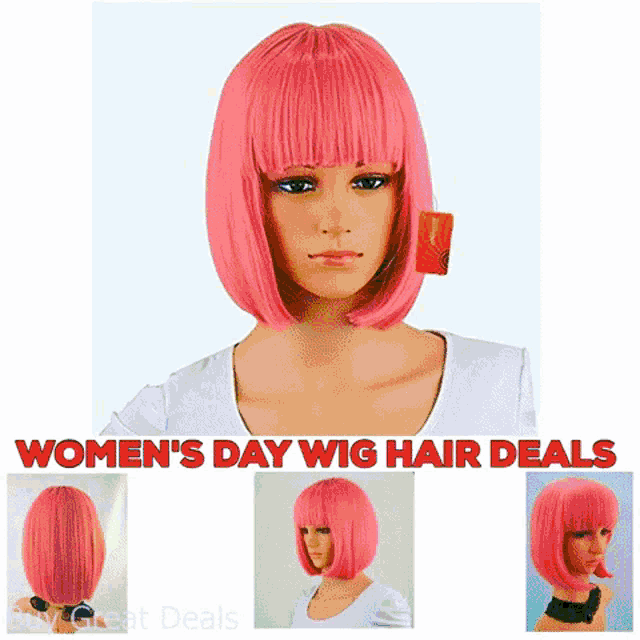 a woman wearing a green wig with the words women 's day wig hair deals