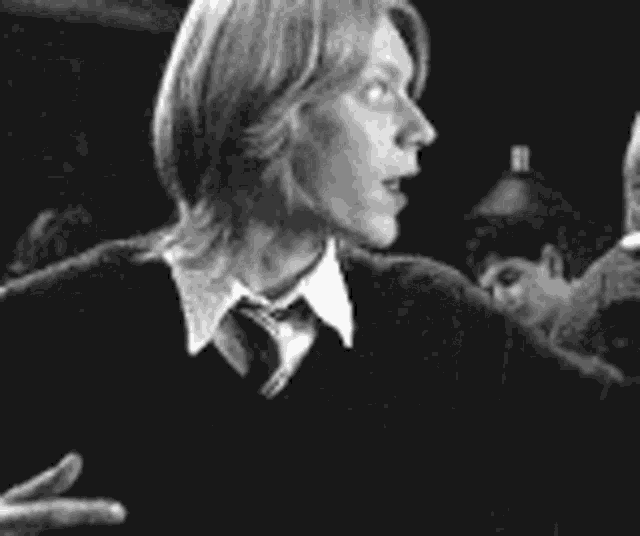 a black and white photo of a man in a sweater and tie talking .