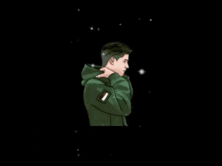 a man in a green jacket is surrounded by a blue lightning bolt .