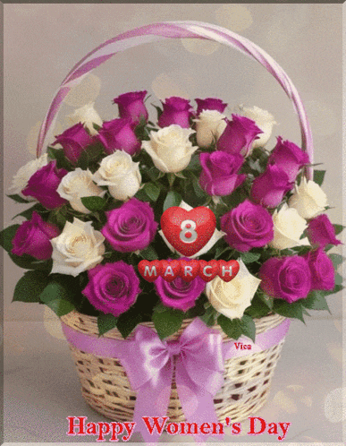 a happy women 's day greeting card with a basket of roses