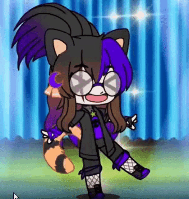a cartoon girl with purple hair and glasses is standing on a stage .