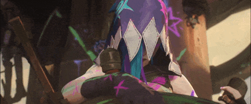 a cartoon character with purple hair is holding a sword in a room .