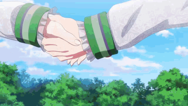 two anime characters shaking hands in front of trees and a blue sky