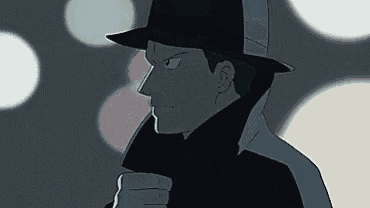 a man in a hat and coat is standing in the dark .