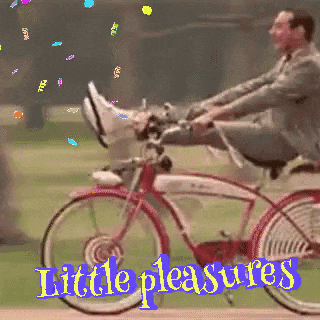 a man is riding a bike with his feet up and the words little pleasures written below him