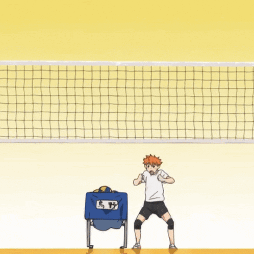 a boy wearing a karasum high school t-shirt is standing in front of a volleyball net