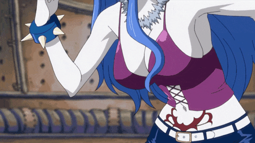 a girl with blue hair and a tattoo on her stomach
