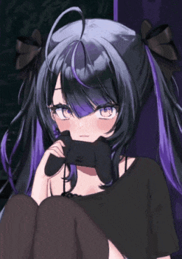 a girl with purple hair is holding a black controller