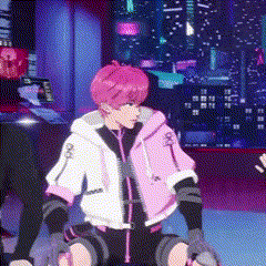 a cartoon character with pink hair is wearing a pink and white jacket